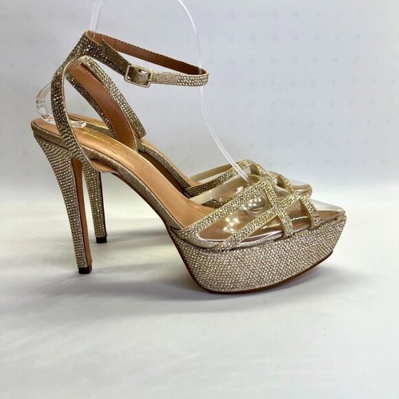 Jessica Simpson Oluina Platform Pump Size 9.5 Embellished Gold 5" Heel - Picture 1 of 16